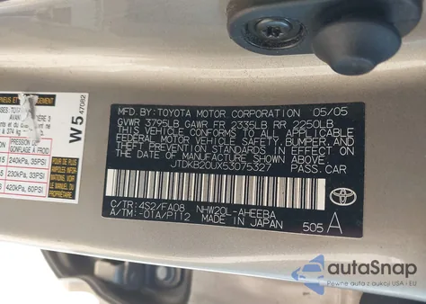 2005 Toyota Prius z USA, uszkodzony, nr VIN JTDKB20UX53075327